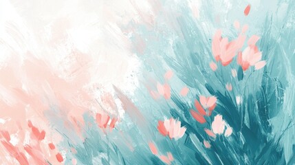 Wall Mural - charming acrylic brush-painted floral design with soft pastel flowers and flowing stems.