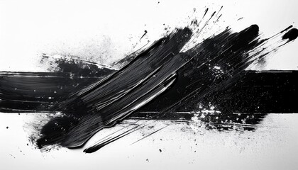 Poster - dynamic black brushstroke abstraction with textured splashes on white background, modern minimalist art for decor, digital painting aesthetic