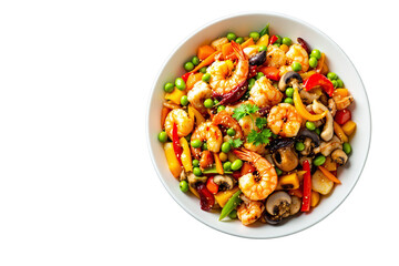Poster - Shrimp and vegetables in a bowl, photo style, white background, concept of healthy meal. Ai generative