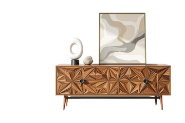 Poster - Wooden sideboard with abstract painting, modern decor on white background. Concept of interior design. Ai generative