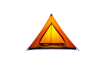 Poster - Orange camping tent on white background, digital style, concept of adventure. Ai generative