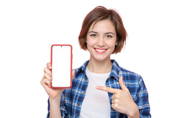Poster - Woman holding red smartphone, realistic style, on white background. Concept of technology. Ai generative