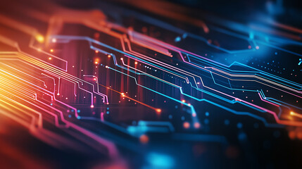 Fototapete - A beauty futuristic abstract background in a high-tech style in blue and orange colors. Shining lines and patterns resembling neural networks, connections, and digital circuits
