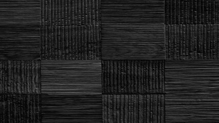 Poster - A black wooden wall with a pattern of squares and stripes. wall is made of wood and has a rustic feel, black abstract texture background
