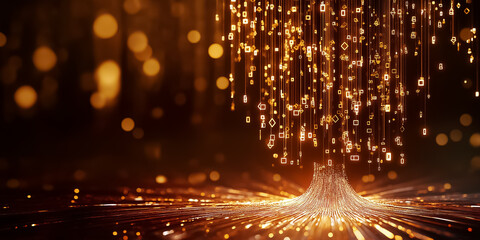Fototapete - Golden symbols cascade downward in a mesmerizing digital matrix, creating a holographic effect that evokes the essence of advanced technology and innovation. The atmosphere is vibrant and captivating