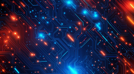 Fototapete - A beauty futuristic abstract background in a high-tech style in blue and orange colors. Shining lines and patterns resembling neural networks, connections, and digital circuits