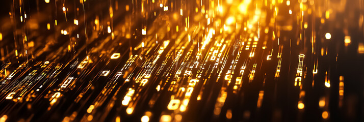 Fototapete - A captivating display of a digital matrix unfolds with shifting symbols cascading downwards, surrounded by vibrant holographic effects that shimmer in golden light, creating a surreal atmosphere