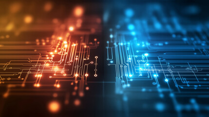 Fototapete - A beauty futuristic abstract background in a high-tech style in blue and orange colors. Shining lines and patterns resembling neural networks, connections, and digital circuits