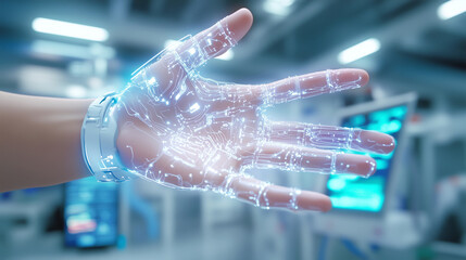 Poster - A robotic hand emits glowing circuits, showcasing futuristic technology in a research lab. Sleek machinery and screens surround it, emphasizing innovation and advancement