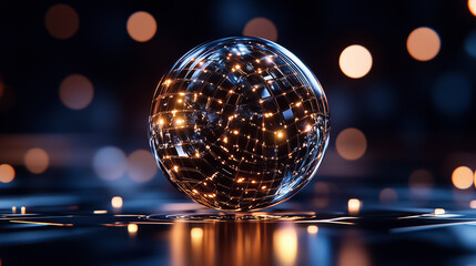 Fototapete - A spherical structure visualizes a data matrix, exhibiting constantly shifting patterns that create a captivating and vibrant display. Light reflects dynamically from its surface