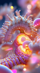 Fototapete - Biomorphic 3D fractals create a mesmerizing underwater world, resembling coral structures, illuminated by vibrant neon accents that dance with light. A captivating visual exploration unfolds