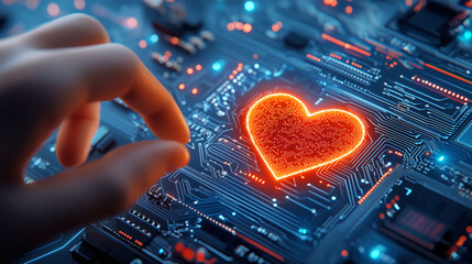 Poster - A hand reaching towards a glowing heart symbol set against an intricate circuit board background highlights the fusion of technology and human emotion in modern design