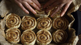 Placing cinnamon rolls in the baking pan.