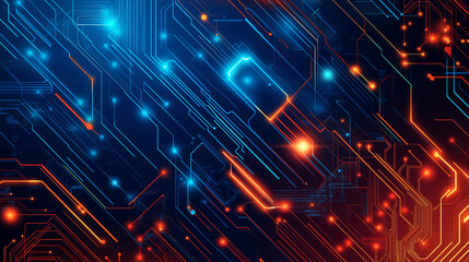 Fototapete - A futuristic abstract background in a high-tech style in orange and blue colors. Shining lines and patterns resembling neural networks, connections, and digital circuits
