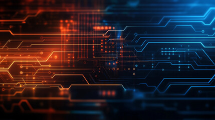 Fototapete - A futuristic abstract background in a high-tech style in orange and blue colors. Shining lines and patterns resembling neural networks, connections, and digital circuits