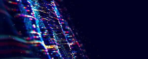 Poster - Abstract Big data digital stream waves. Information flow concept. LLM learning process, AI technology. Quantum computing. 3d render illustration
