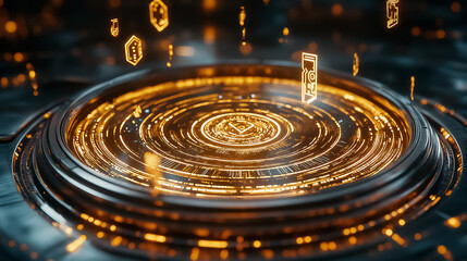 Fototapete - A mesmerizing digital matrix showcases cascading symbols that fall like rain, illuminated by holographic effects. This futuristic visual embodies the essence of advanced technology and innovation