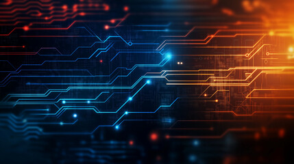 Fototapete - A futuristic abstract background in a high-tech style in orange and blue colors. Shining lines and patterns resembling neural networks, connections, and digital circuits