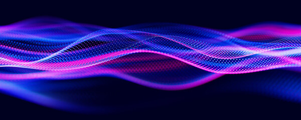 Poster - Abstract wave of particles. Big data digital flow concept. LLM learning process, AI technology. Quantum computing. 3d render illustration