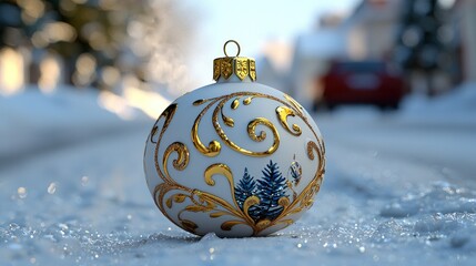 ornate christmas ornament on snowy street, winter scene