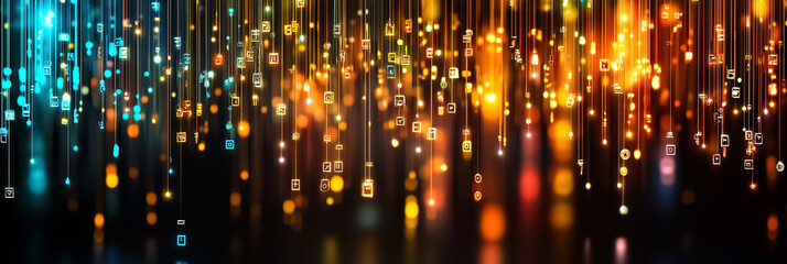 Fototapete - Suspended in a dark space, luminous symbols cascade like rain, illuminating the surroundings with an array of colors. Each glowing element creates a mesmerizing digital ambiance