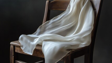 Poster - Soft White Fabric Draped Elegantly on Rustic Wooden Chair