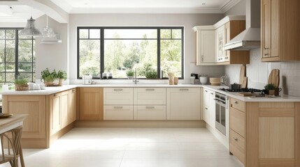 Poster - A bright and airy Scandinavian-style kitchen with light wood tones, white cabinets, and large windows.
