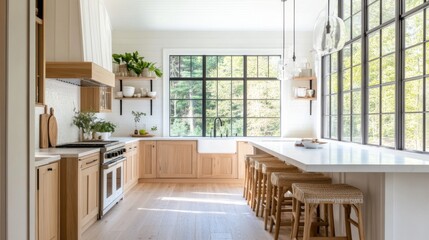 Poster - A bright and airy Scandinavian-style kitchen with light wood tones, white cabinets, and large windows.