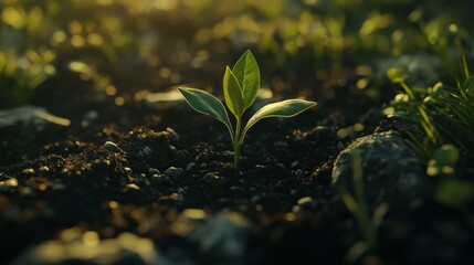 Aufkleber - A close-up of a vibrant green seedling sprouting from rich, dark soil, bathed in soft morning sunlight.