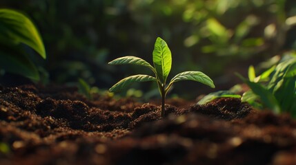 Aufkleber - A close-up of a vibrant green seedling sprouting from rich, dark soil, bathed in soft morning sunlight.