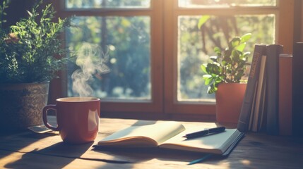 Poster - A cozy wooden work desk by a large window, bathed in natural sunlight, with an open notebook, pen, and a steaming mug of coffee.