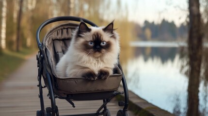 Poster - A fluffy Himalayan cat sitting calmly in a pet stroller, enjoying a slow ride along a quiet lakeside walkway.
