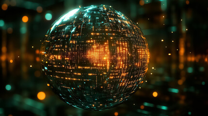 Fototapete - A mesmerizing spherical structure emerges, composed of a shifting data matrix. Bright, glowing patterns create an engaging visual experience in a digital realm, inviting exploration and interaction