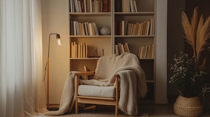 Aufkleber - A minimalist reading nook with a simple wooden chair, a small bookshelf, soft lighting, and a cozy neutral-toned blanket.