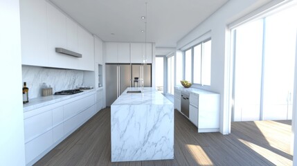 Poster - A modern minimalist kitchen with sleek white cabinets, a marble countertop, and warm natural lighting.