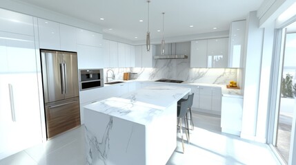 Poster - A modern minimalist kitchen with sleek white cabinets, a marble countertop, and warm natural lighting.