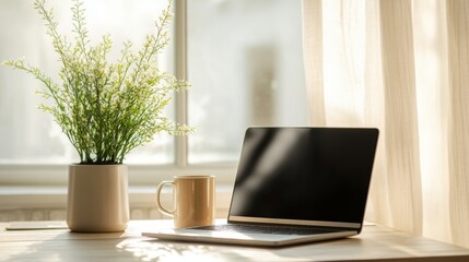 Poster - A modern minimalist work desk with a sleek laptop, a potted plant, and a warm coffee cup, set against a bright and airy home office.