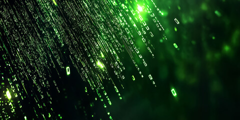 Fototapete - A cascade of luminous symbols envelops the viewer in a virtual environment, creating a mesmerizing display of holographic effects amidst vibrant green hues during an otherworldly moment