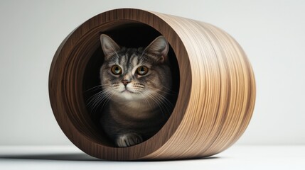 Poster - A Scottish Fold cat peeking out from the circular opening of a modern cat house, looking curious and adorable.