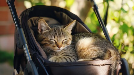 Poster - A sleepy tabby cat curled up inside a pet stroller, resting peacefully under the warm afternoon sun.