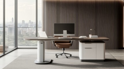 Aufkleber - A standing desk in a minimalist office setup, featuring a large monitor, ergonomic chair, and a neatly arranged workspace.