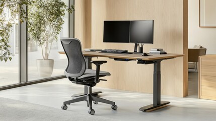 Aufkleber - A standing desk in a minimalist office setup, featuring a large monitor, ergonomic chair, and a neatly arranged workspace.