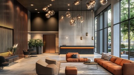 Aufkleber - A stylish apartment lobby with modern decor, comfortable seating, and ambient lighting. Residents enter and exit, adding life to the urban space.
