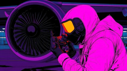 Poster - Aircraft Mechanic Engine Inspection, vibrant pop art style featuring bold black outlines, simple solid colors, geometric design, cool neon-lit color palette for dynamic visual impact.