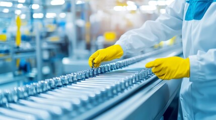 Poster - Assembler in Dynamic Manufacturing Setting, diligently assembling intricate components on a conveyor line, surrounded by a bustling environment of machinery and teamwork.