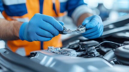 Poster - Auto Technician at Work, skilled expert diagnosing vehicle issues with advanced tools, focused environment, showcasing modern automotive technology and problem-solving expertise