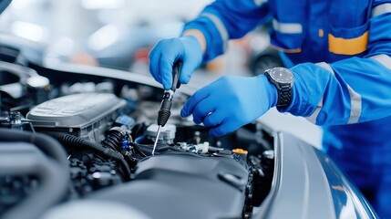 Poster - Auto Technician Troubleshooting Modern Vehicle, skilled technician analyzing complex diagnostics, utilizing advanced tools to identify and resolve automotive issues in a workshop environment