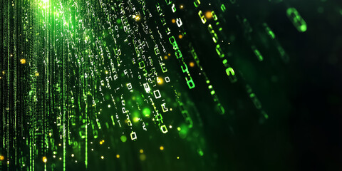 Fototapete - A dynamic digital matrix unfolds as symbols cascade downwards, creating a mesmerizing blend of glowing holographic effects. This visualization immerses viewers in a futuristic world