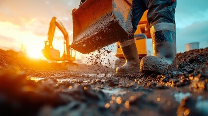 Poster - Cement Mixer Operator at Work, pouring strong foundations, skillfully preparing durable building bases, showcasing the dedication to quality construction in a bustling site environment