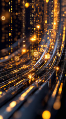 Fototapete - In a captivating display of technology, symbols cascade through a digital matrix, casting an enchanting glow with holographic effects, embodying a futuristic atmosphere of innovation